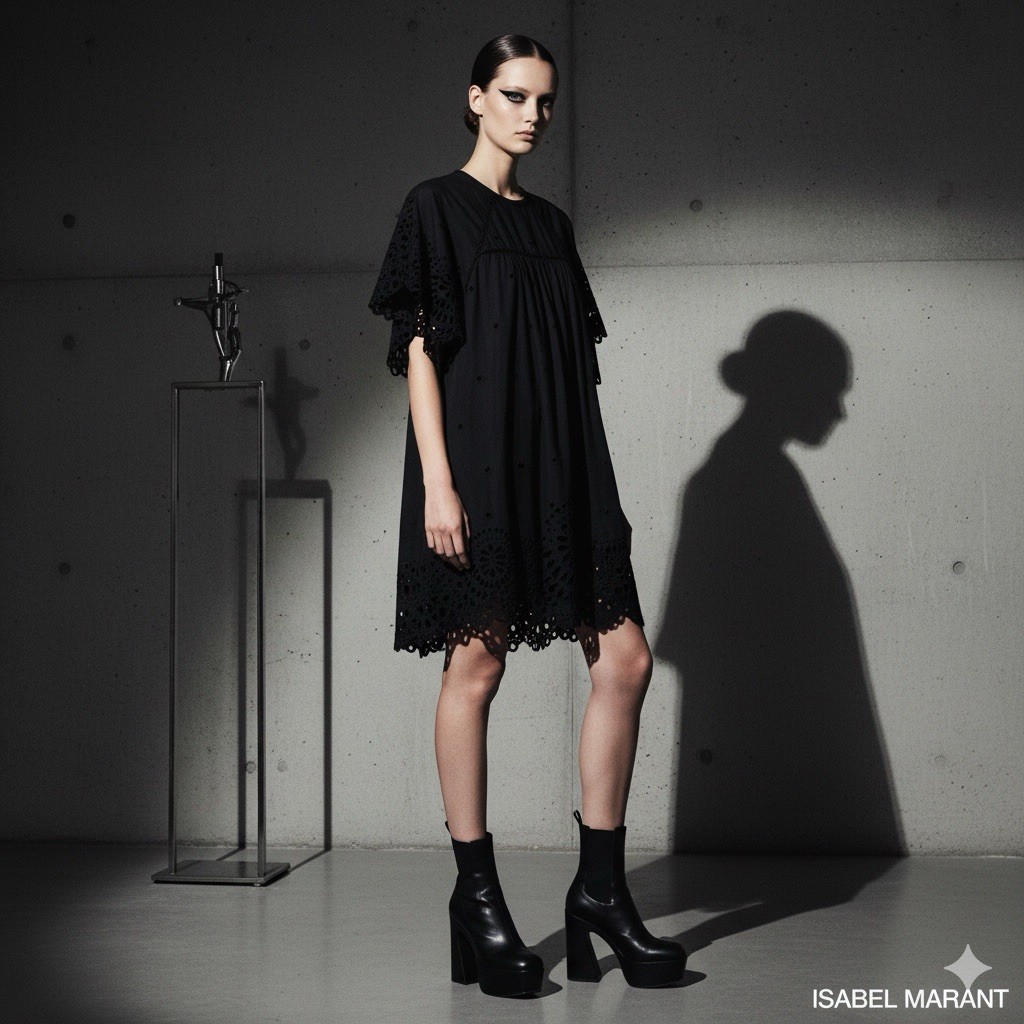 Isabel Marant N°1501 Black Cotton Silk Eyelet Boho Mini Dress Tunic FR 38 US 6