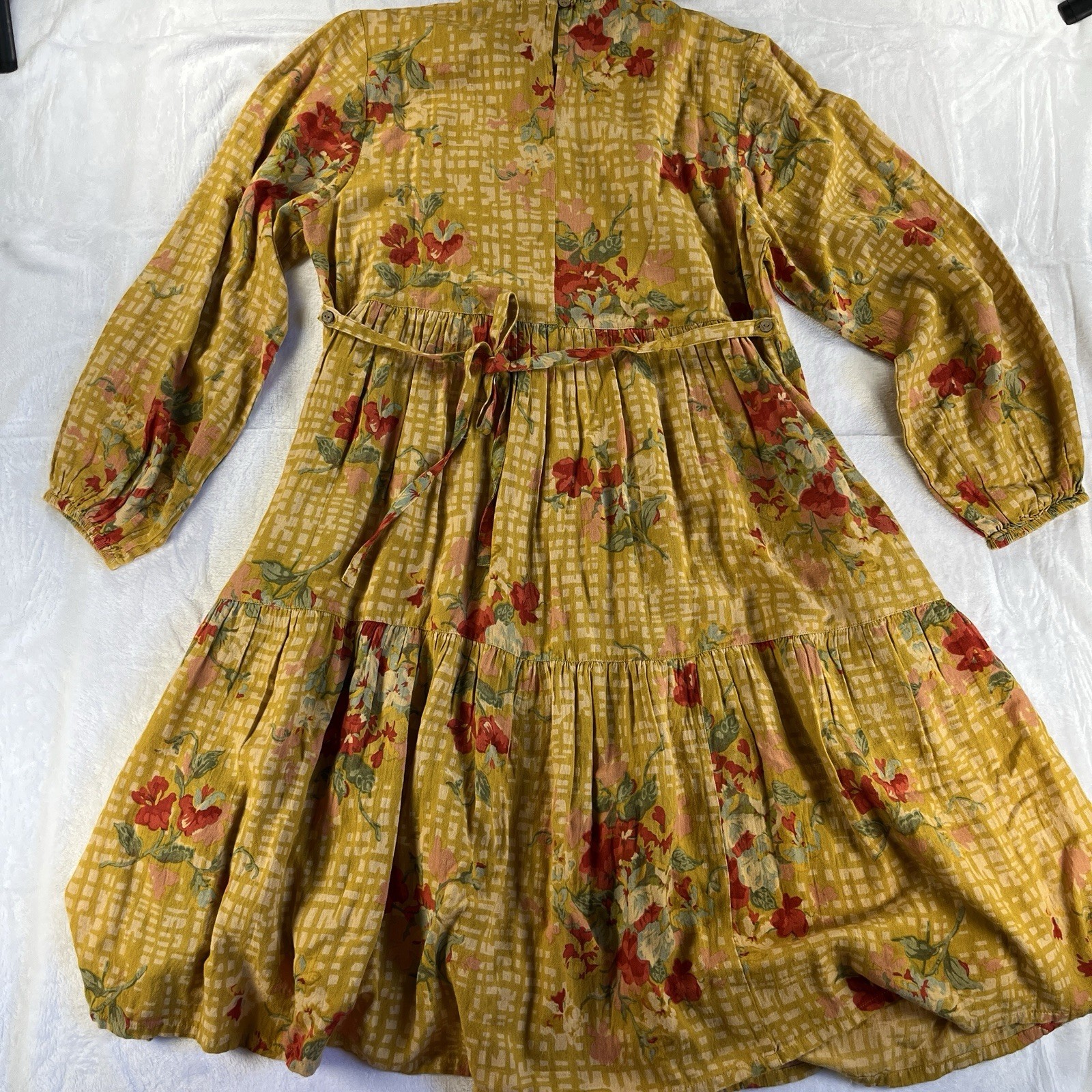 April Cornell Dress M Lisbon Rose Yellow Floral Boho Prairie Cottagecore Pockets