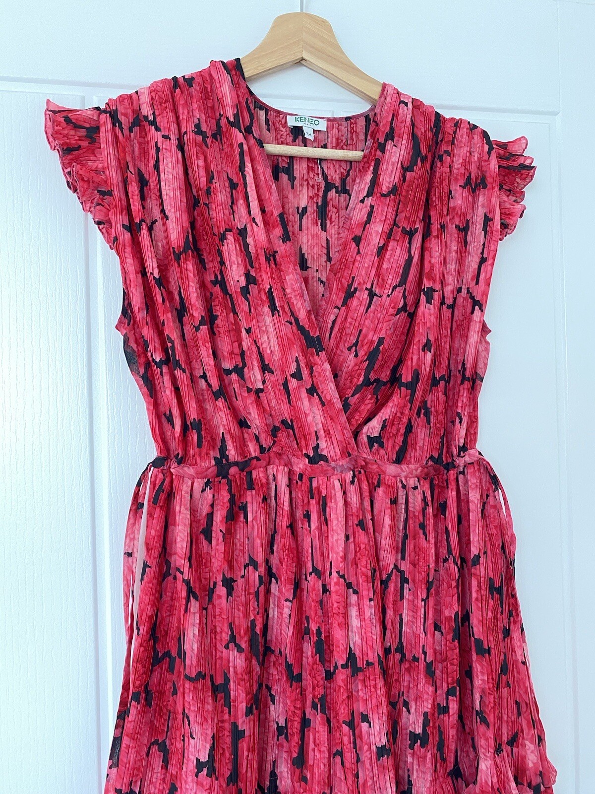 Kenzo Pink Pleated Ruffle Drawstring V Neck Mini Dress 34 S 8 Floral Frill Pleat
