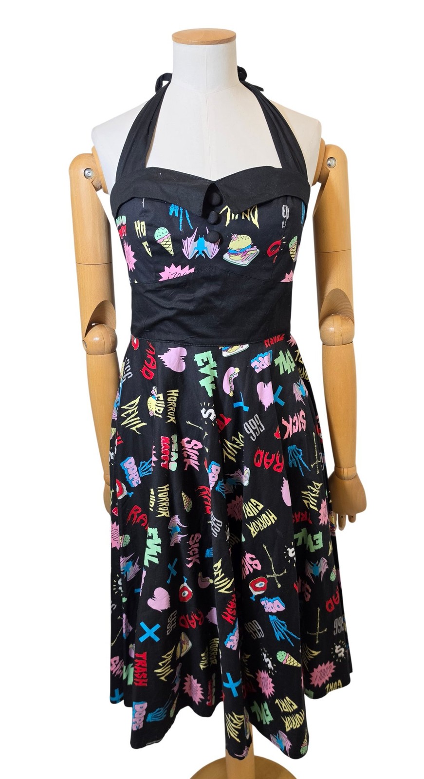 Hell Bunny Gruul 50’s Dress Halterneck Black Graphic Print Cotton Size S