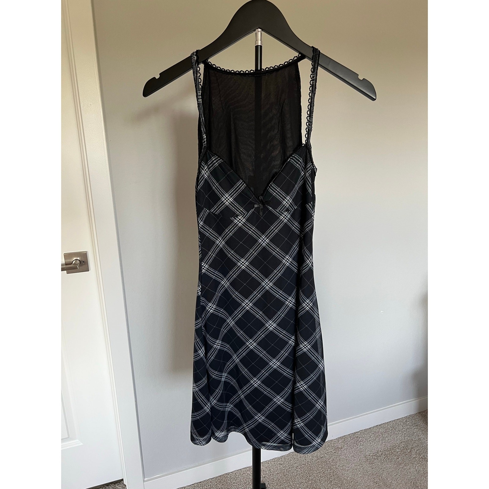 Y2K Black Plaid Mesh Lace Slip Dress Goth Grunge Academia Coquette Size M