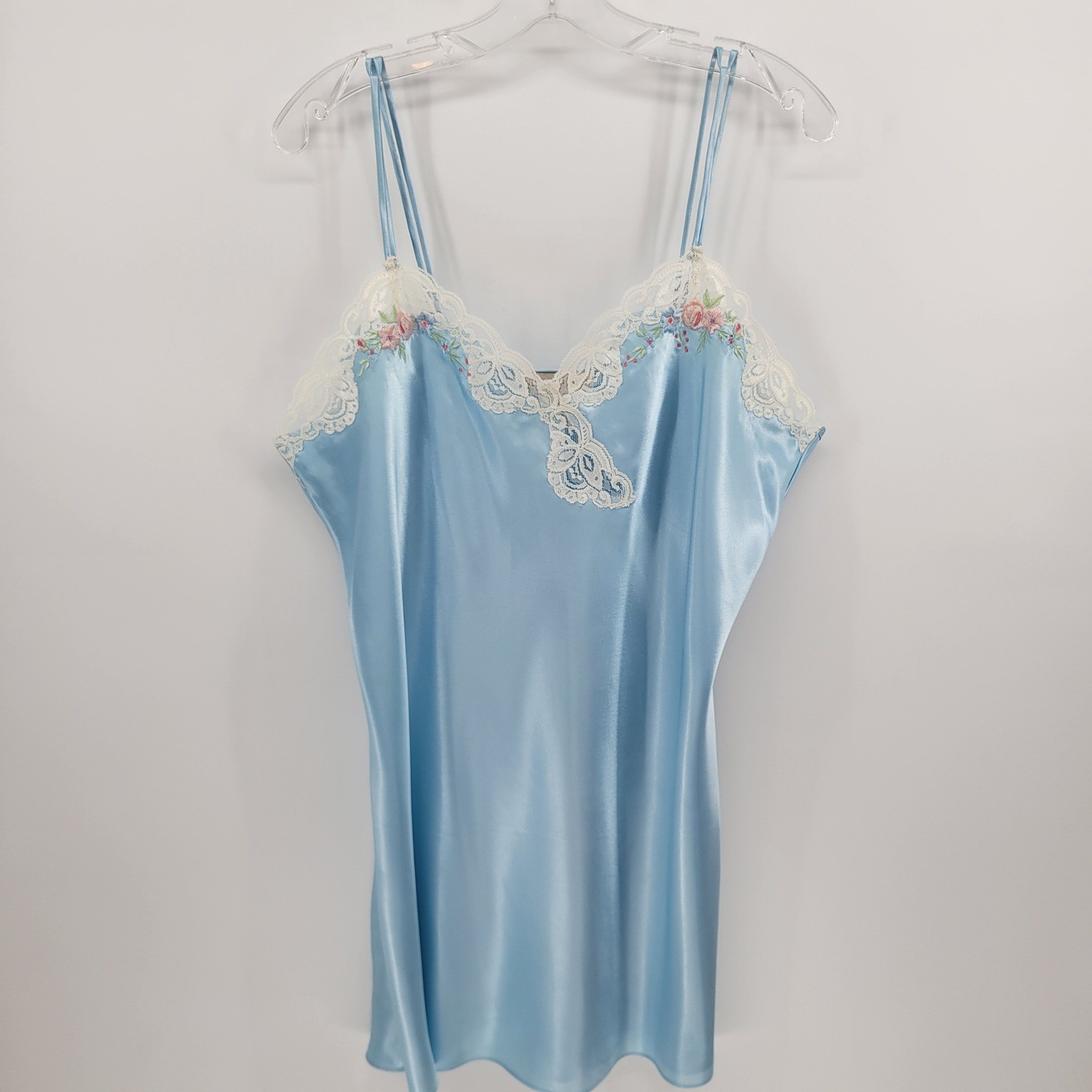 Set – Vintage Baby Blue Satin Embroidered Chemise Slip Dress + Chiffon Robe XL