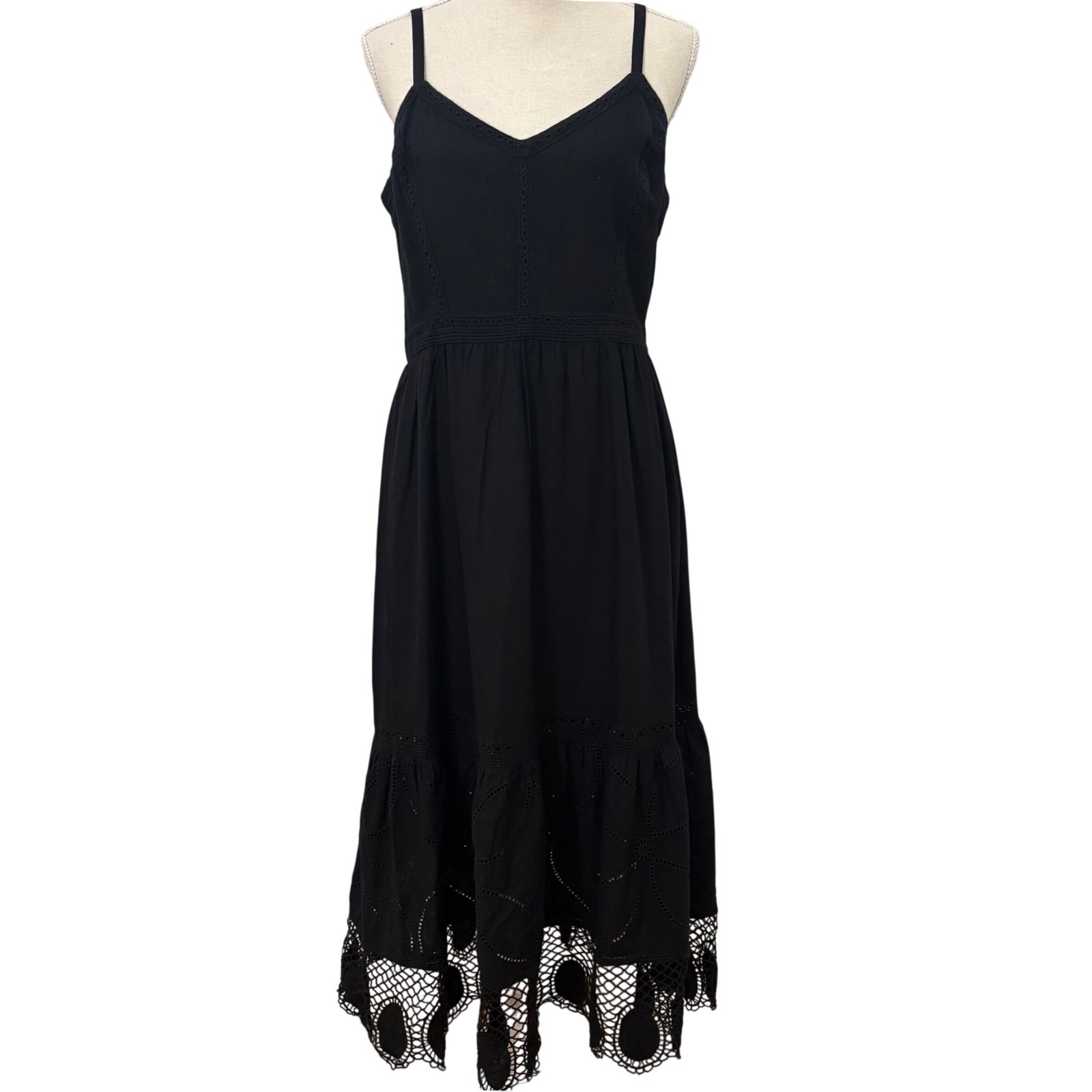 LOFT Linen Blend Lace Trim Midi Dress 6 Black Boho Whimsigoth Coastal LBD NWT