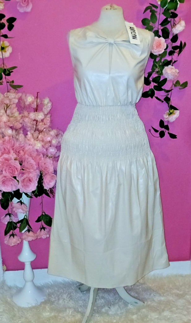 WOMEN IVORY FAUX LEATHER SLEEVELESS MIDI DRESS ( SIZE S )