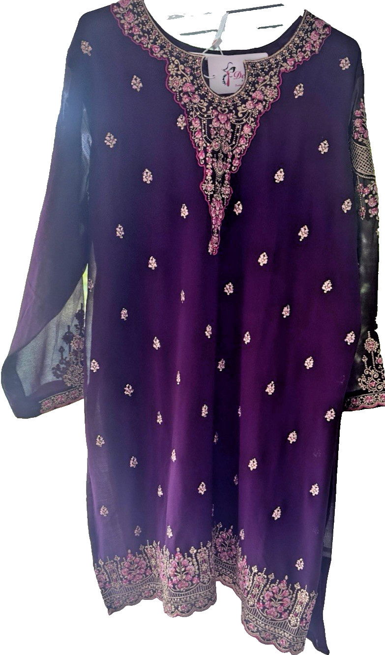 Delisa Fashions Anarkali salwar kameez Dress Gold Pink Red Embroidered XL NWT