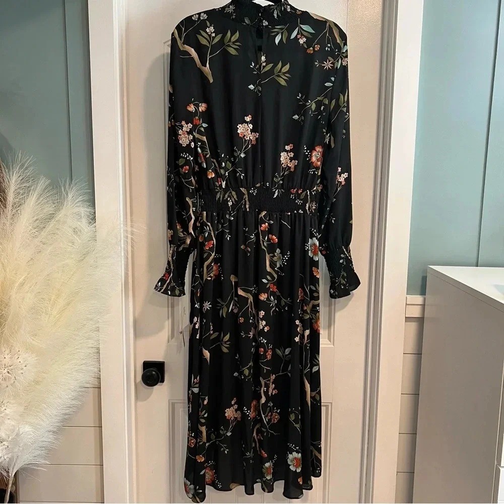 Nanette Lepore Floral Smocked High/Low Dress in Very Black Multi. Size 14. NWT.