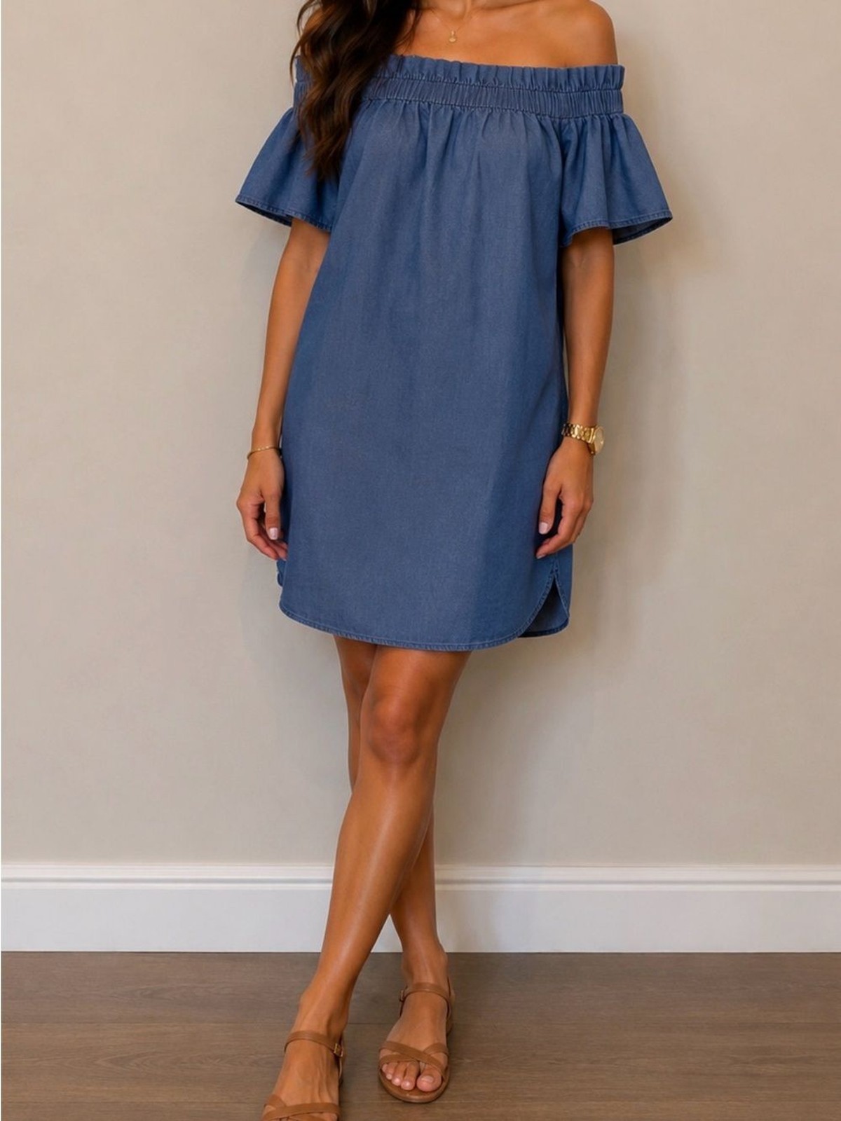 Style Envy Chambray Off Shoulder Dress Women’s Size Small 100% Tencel Blue