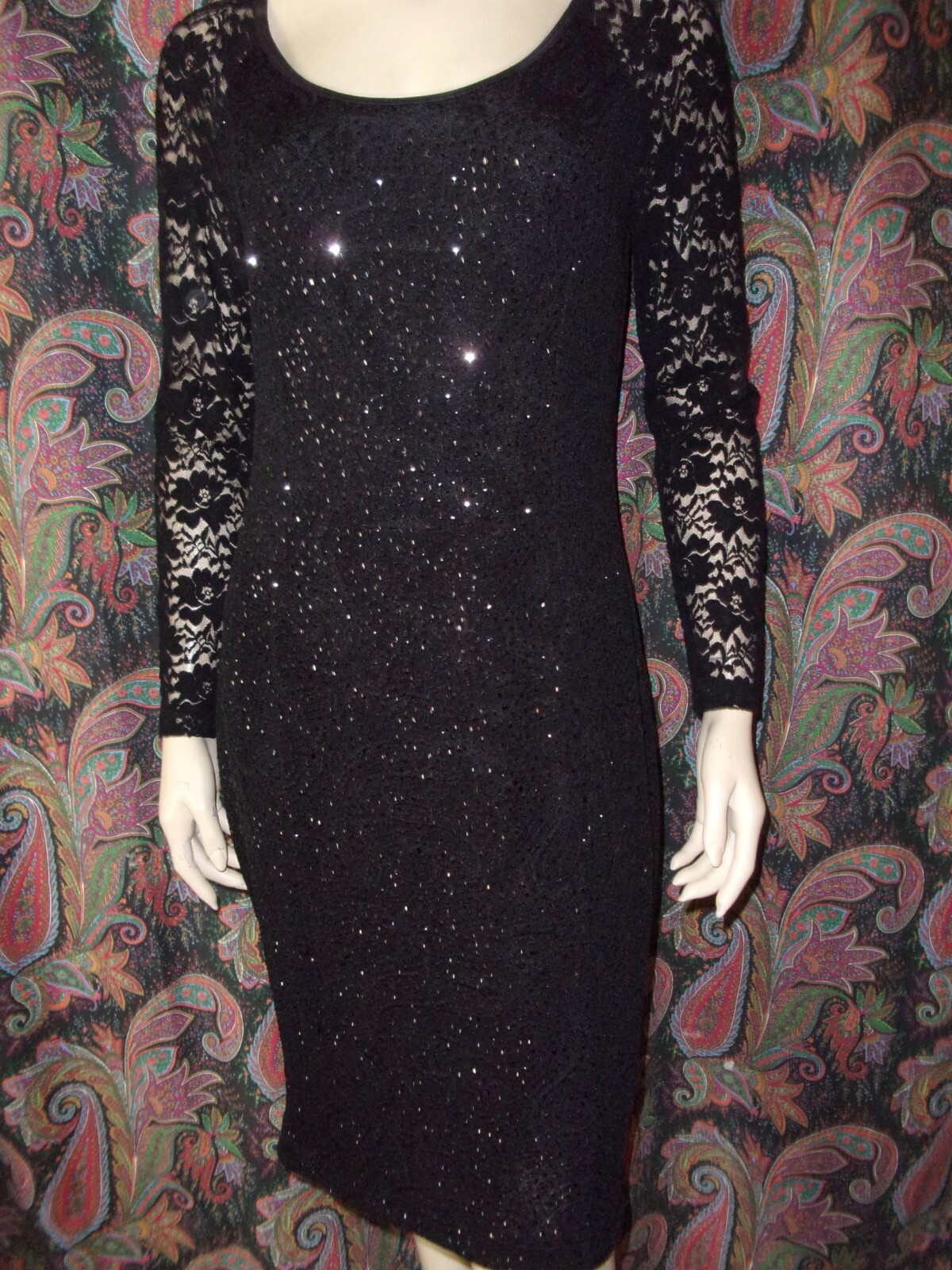 PICADILLY Black Knit Lace & Sparkle Elegant Fitted Dress Stunning Size S