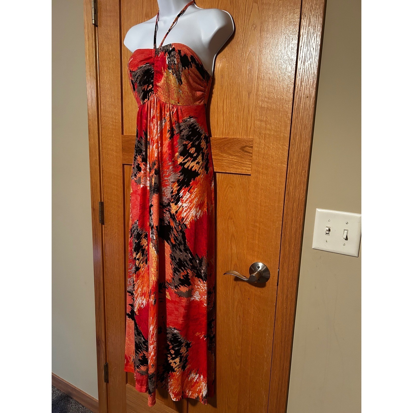 Vibrant Boho Orange Abstract Print Halter Maxi Dress Women’s Size Large