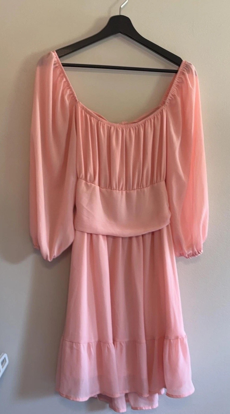 Hount Dress Womens Large Pink Smocked Tie Back Balloon Sleeve Short Boho Mini