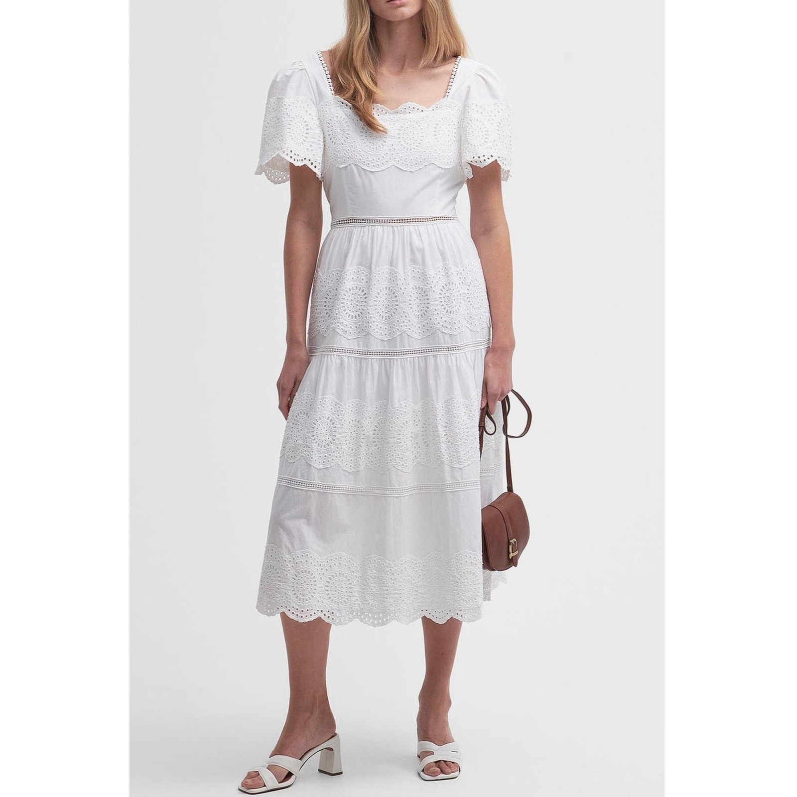 Barbour Joanne Eyelet Embroidered Tiered Cotton Midi Dress (see narrative & pics