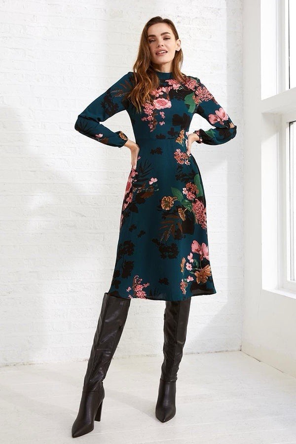 Izabel London FLORAL HIGH NECK MIDI DRESS IN TEAL Size 12 New With Tags