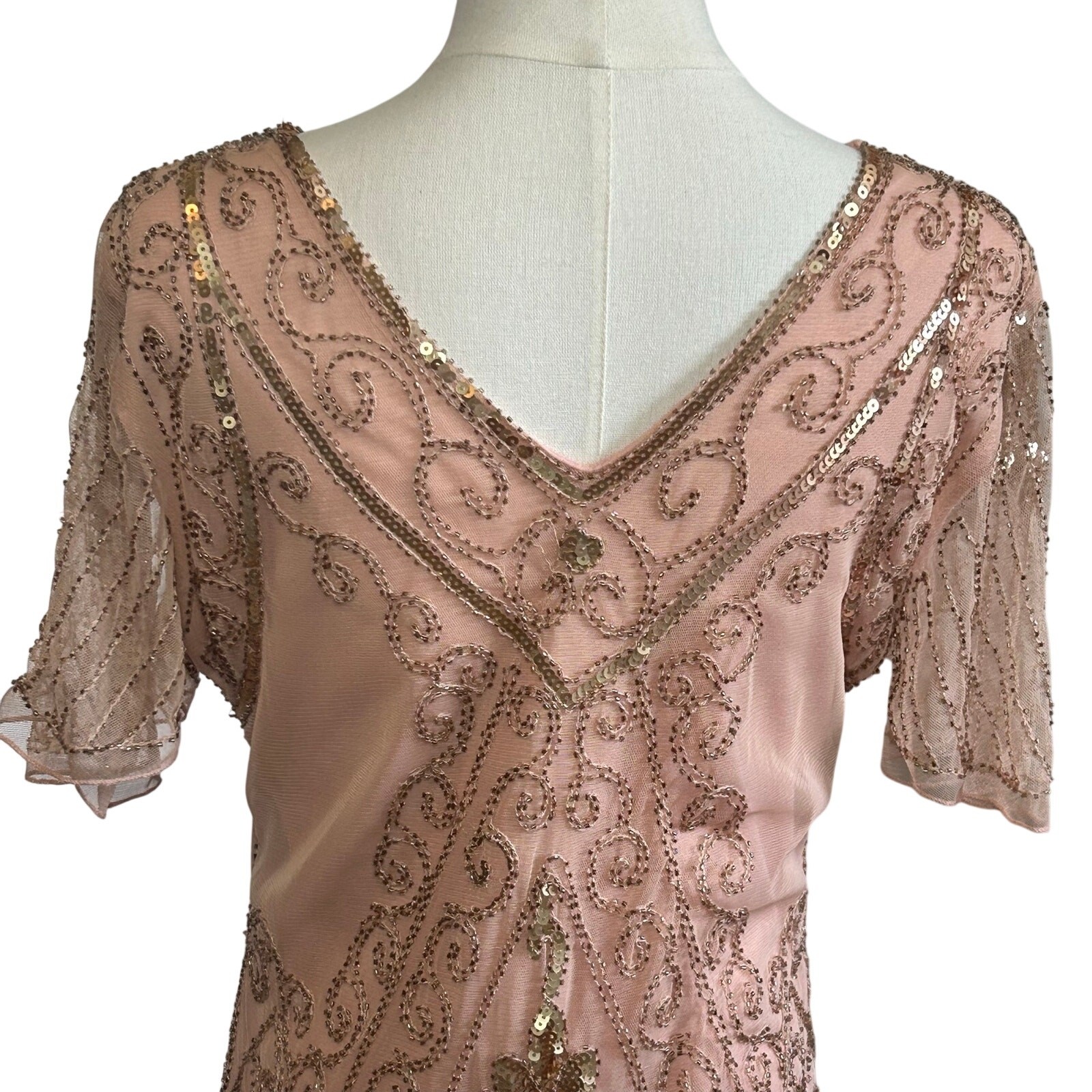 Pink Beaded Sequin Flapper Dress PS Fringe 1920s Style Art Deco Costume Party