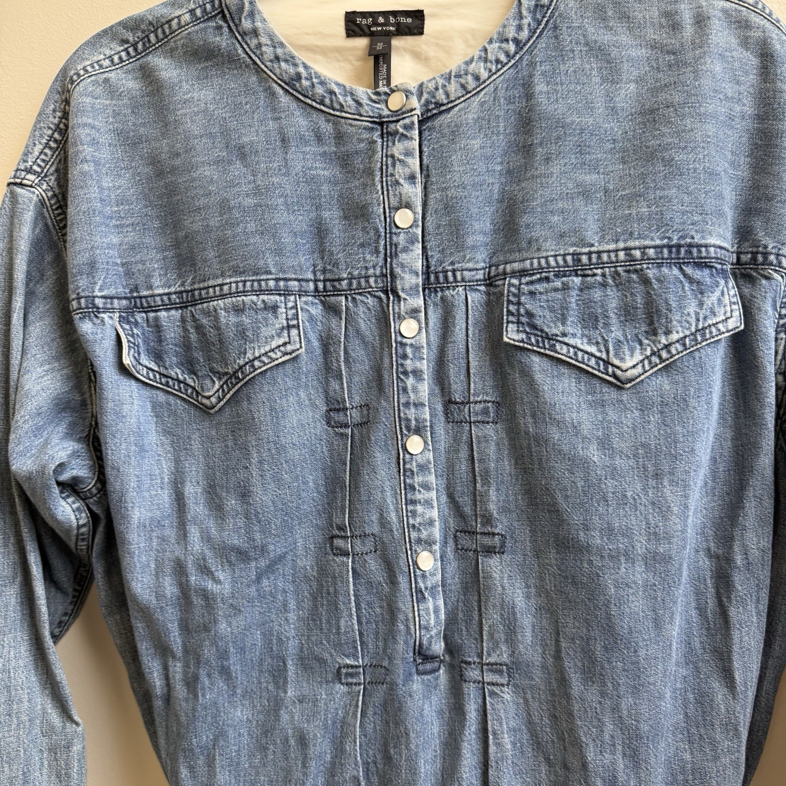 Rag & Bone Chest Pocket Blue Jean Denim Shirtdress Size Medium Pearl Snap