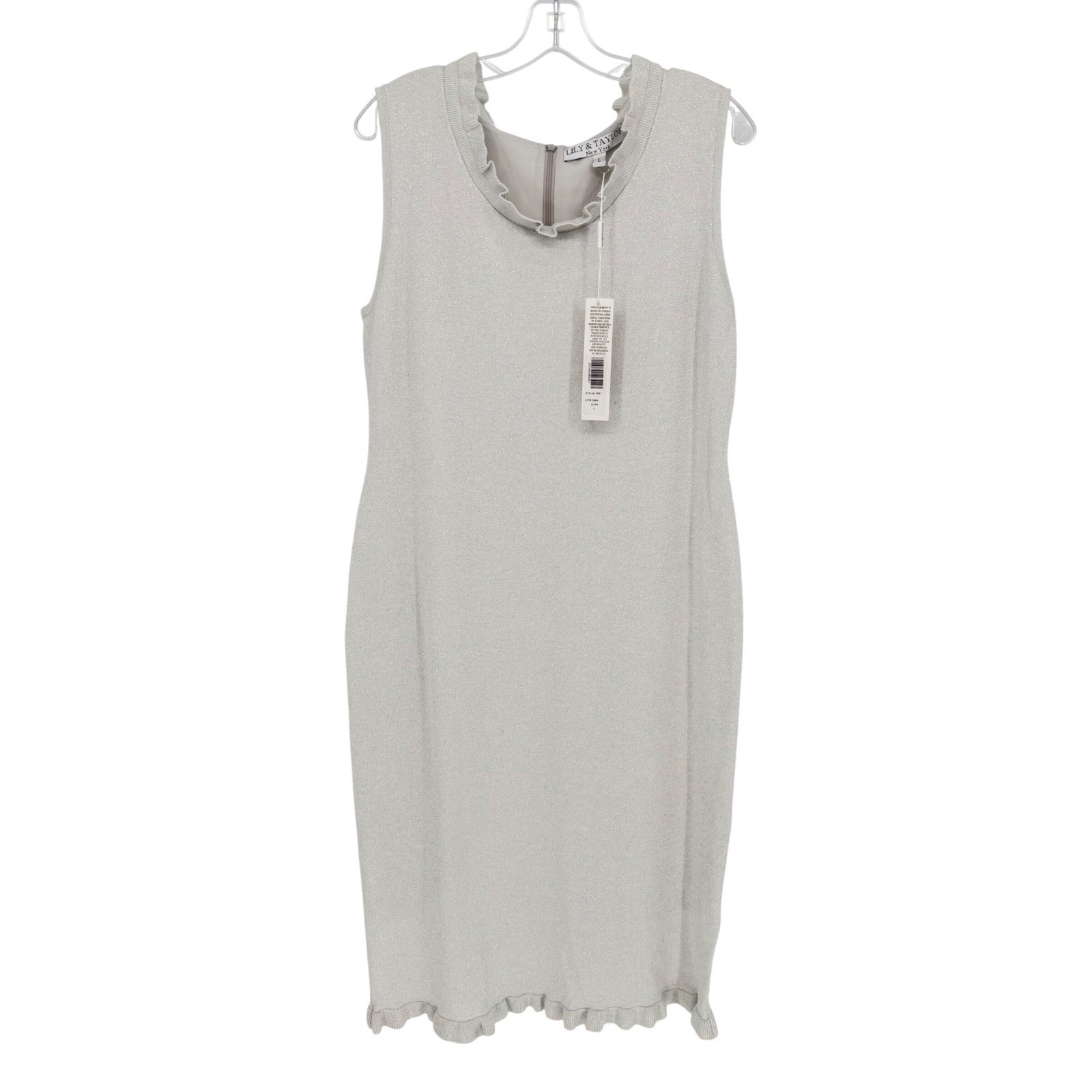 Lily & Taylor 2pc Knit Church Suit Dress Ruffled Edges Women’s L Silver Metallic