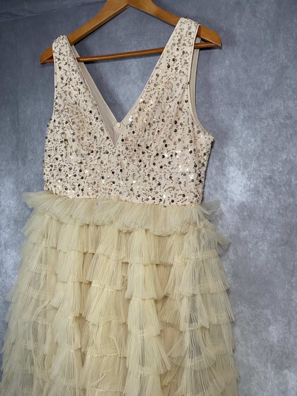 Glam Faeriesty Whimsical Prom Dress Size XL Ruffle Sequin Tulle Cream