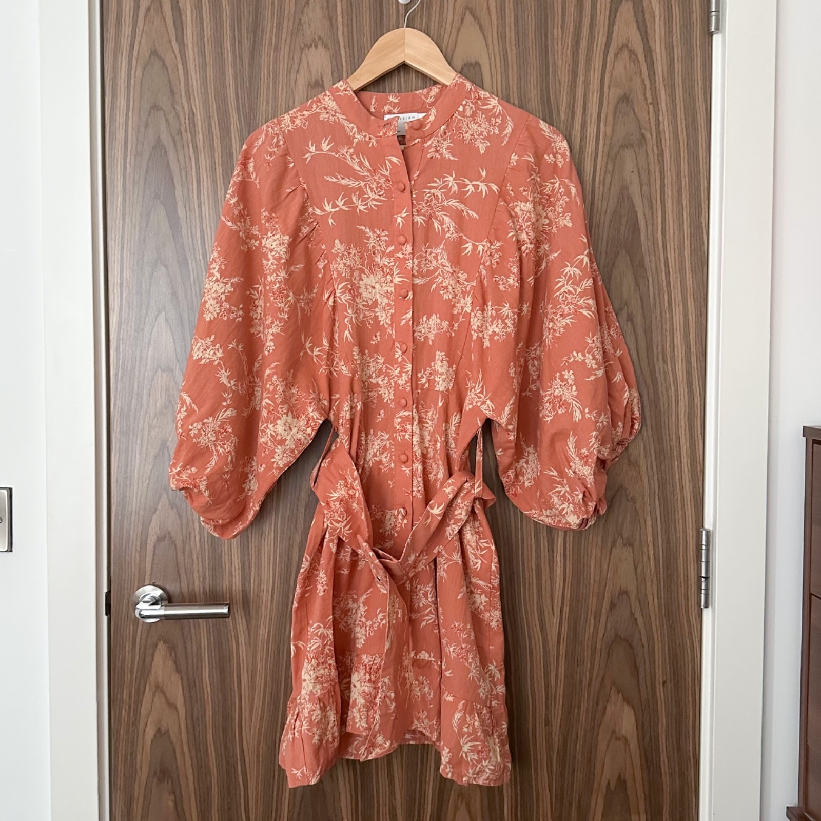 Asos Orange Floral Blouson Sleeve Button Belted Linen Mix Mini Shirt Dress 10