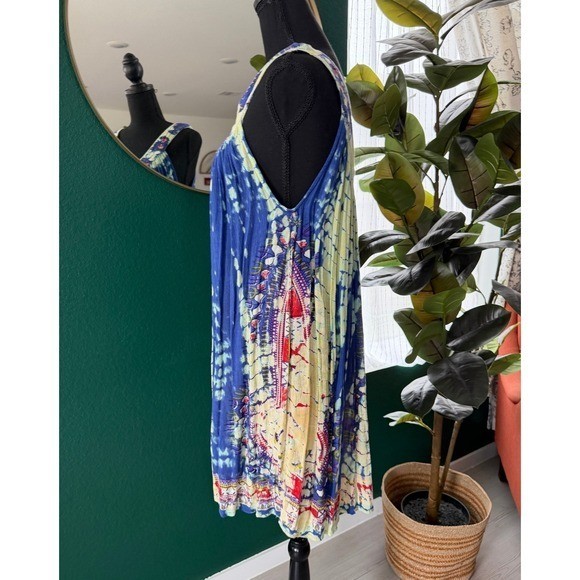 Sacred Threads Tie Dye Viscose Free Size Dress Blue Yellow Bohemian Summer Beach