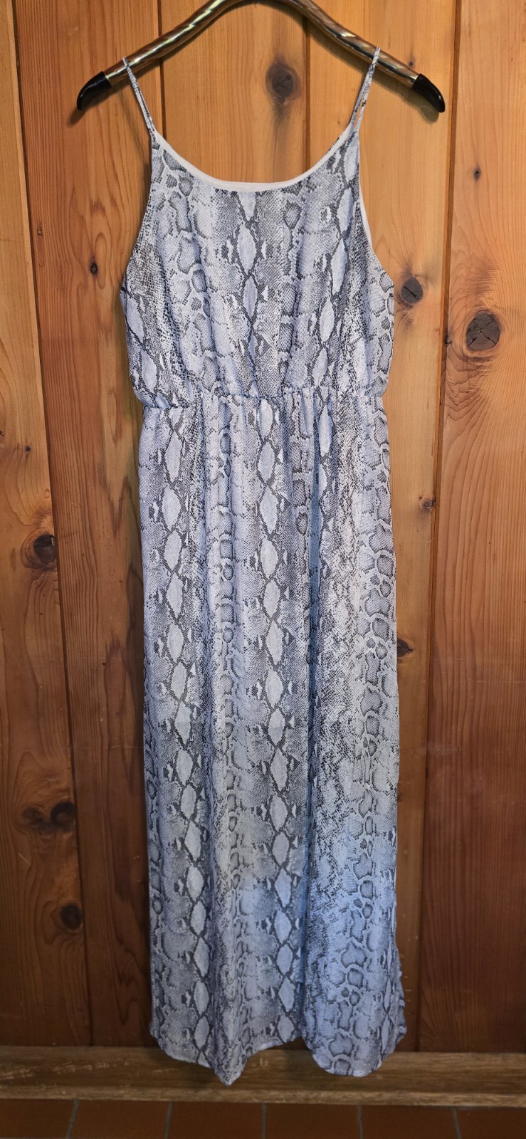 gray and white MTS snake print maxi dress features a cinched elastic waist and a
