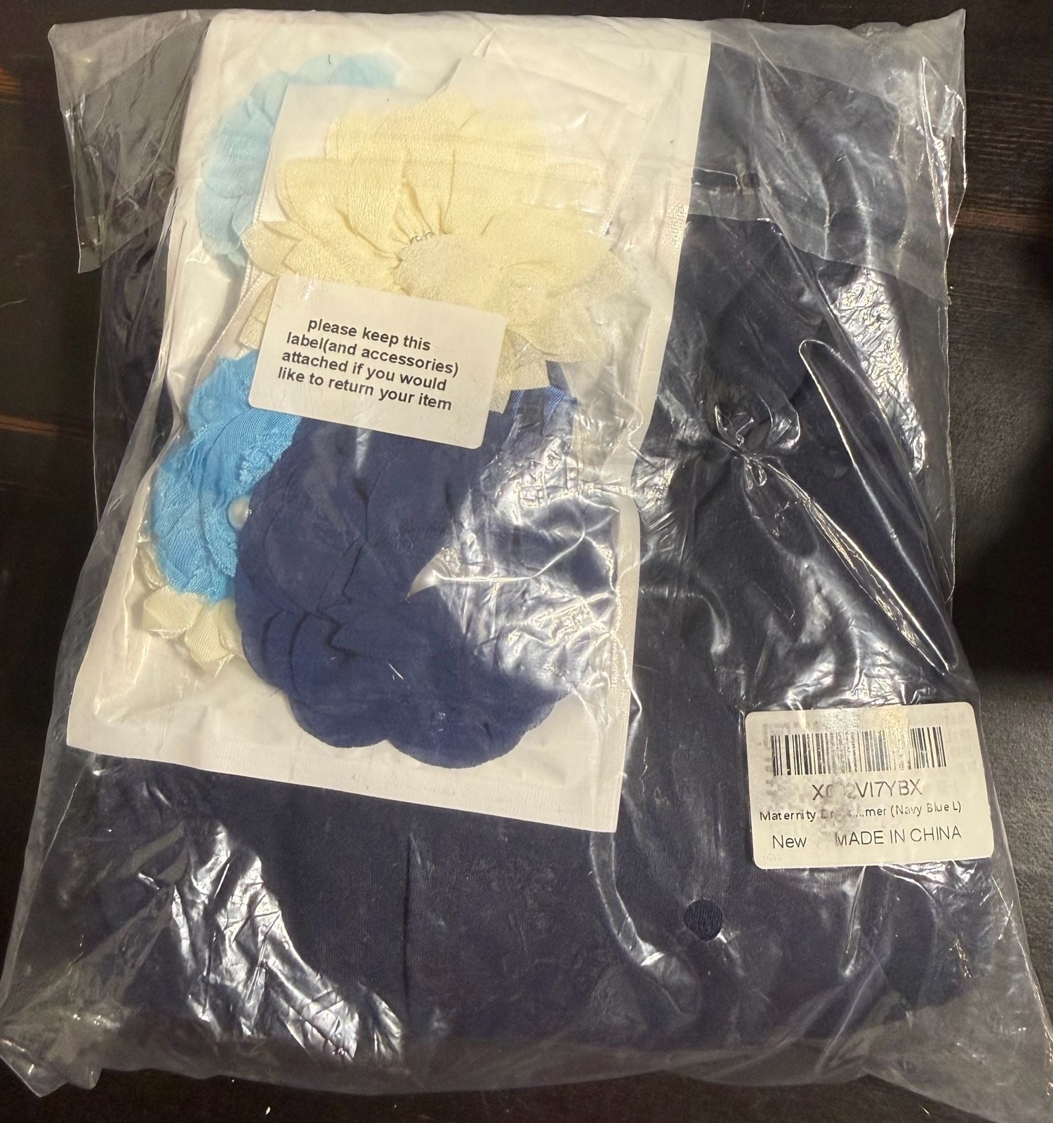 KIM S Navy Blue Maternity Maxi Dress with Flower Sash, Size L