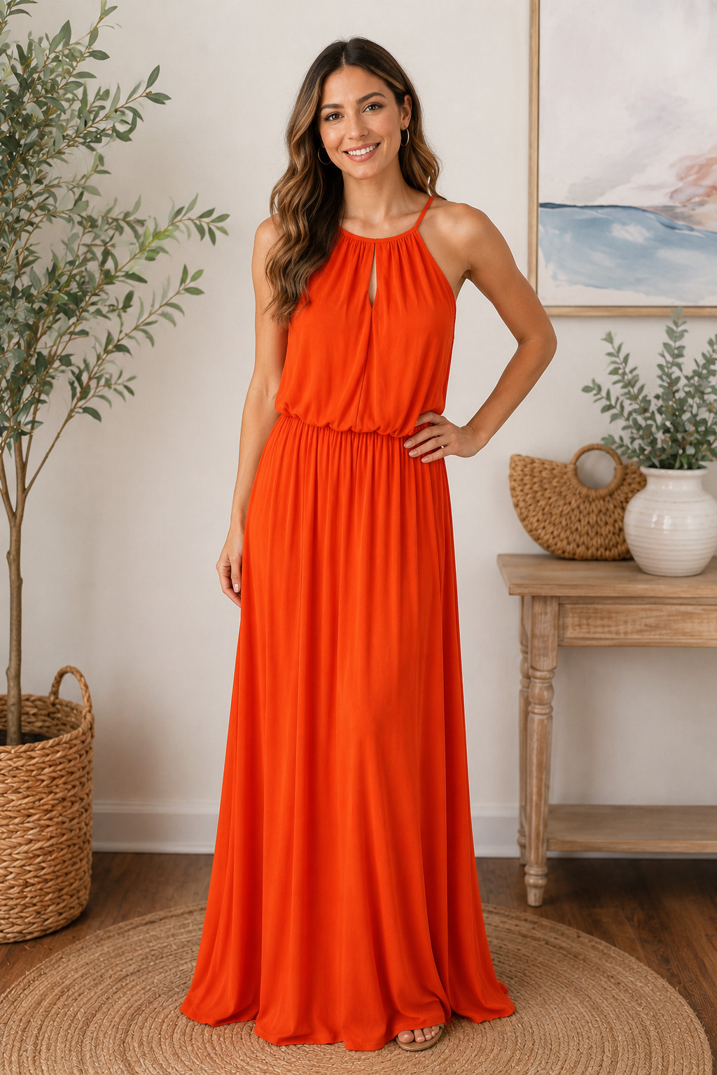Bar III orange sleeveless knit maxi dress with elastic waist size L