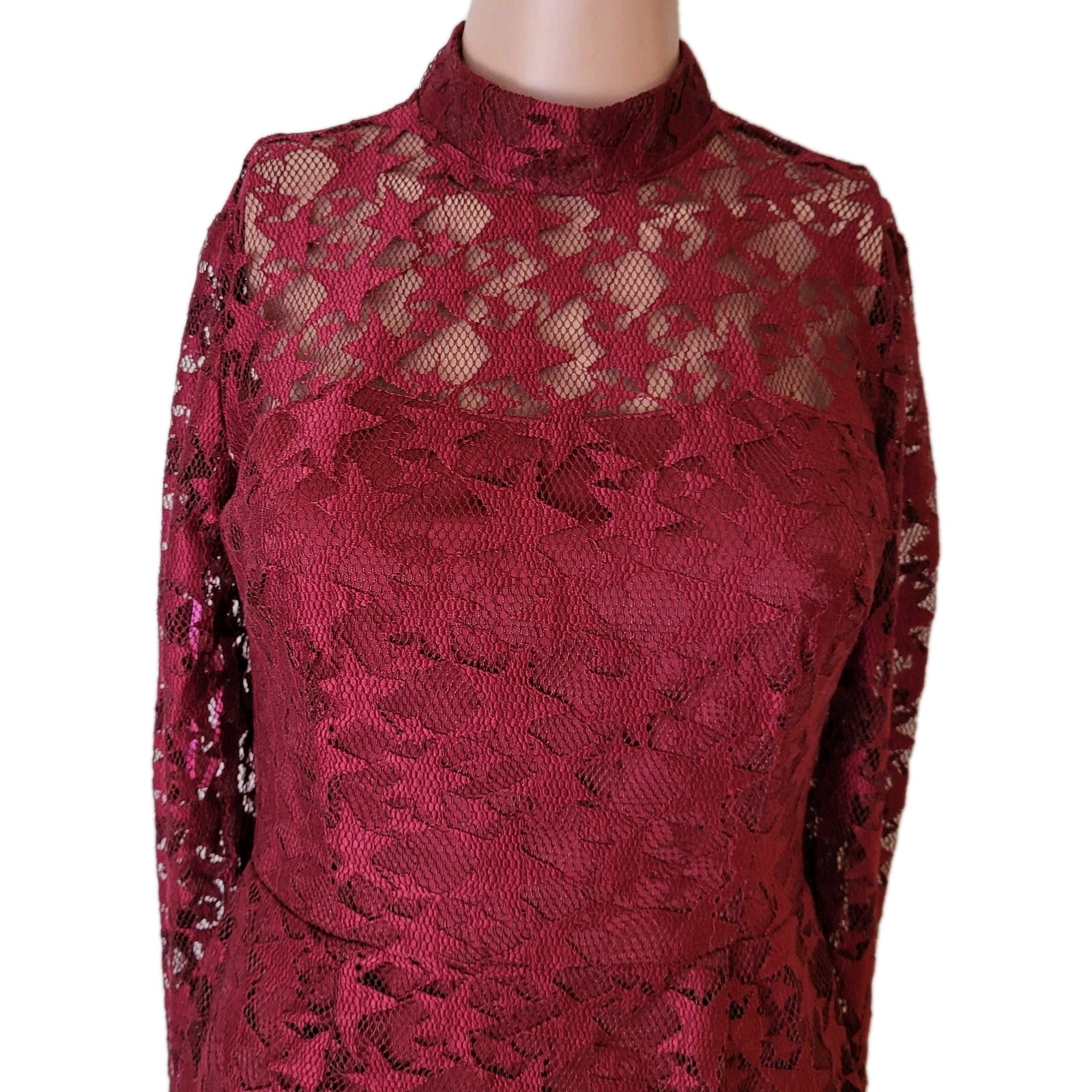 Betsey Johnson Mini Dress Womens 2 Star Lace Red Sheer Overlay sheer long sleeve