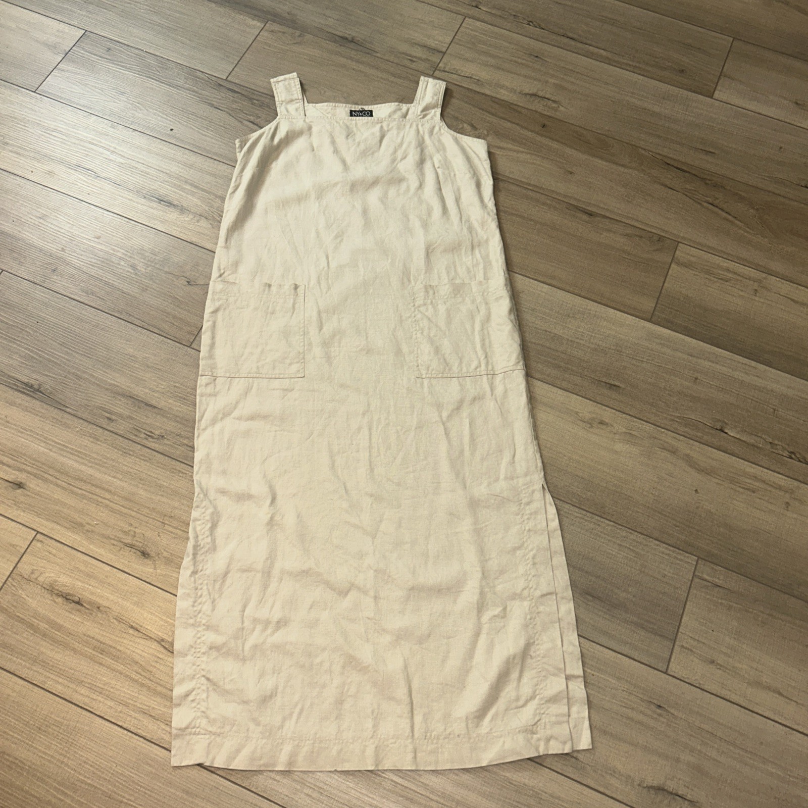 NYC Linen Overall Dress Lagen Beach Travel Midi Shift Tank Big Pockets Beige L