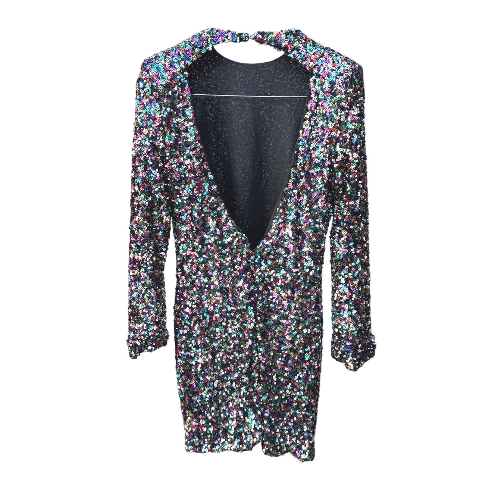 FORE Sequin Mini Dress Womens L Multicolor Open Back Long Sleeve Party Cocktail