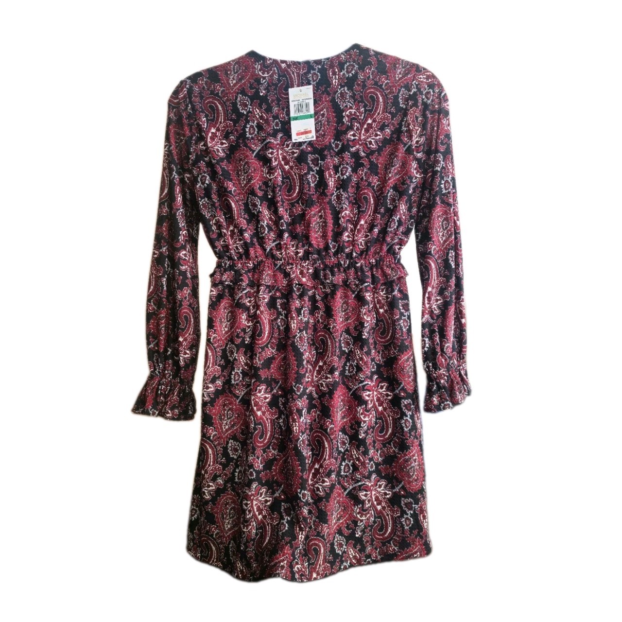 NWT Michael Michael Kors Black Maroon Paisley Faux Wrap Ruffle Sleeves Dress L