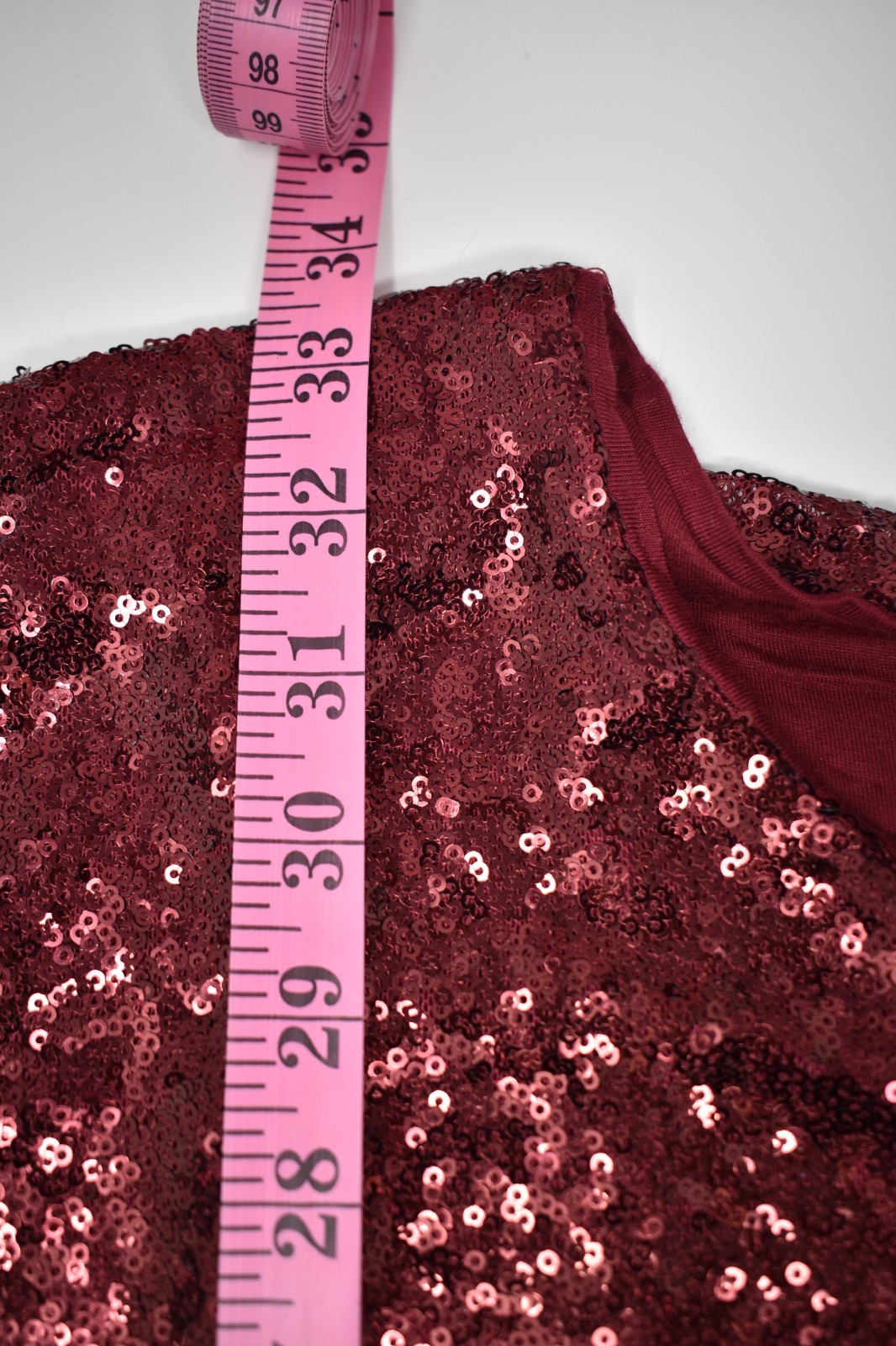 Rosette Sequin Top Women’s L Burgundy Wine Short Sleeve Party Dress Sparkle