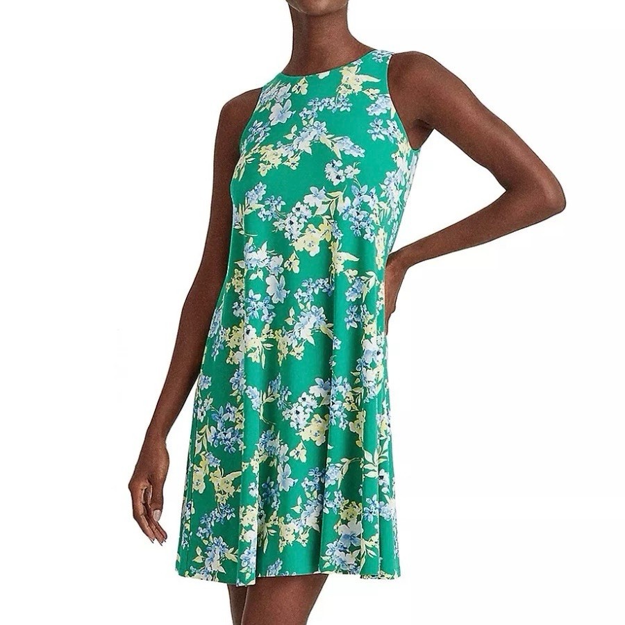 Ralph Lauren Green Floral Sleeveless Jersey Shift Dress Size 12