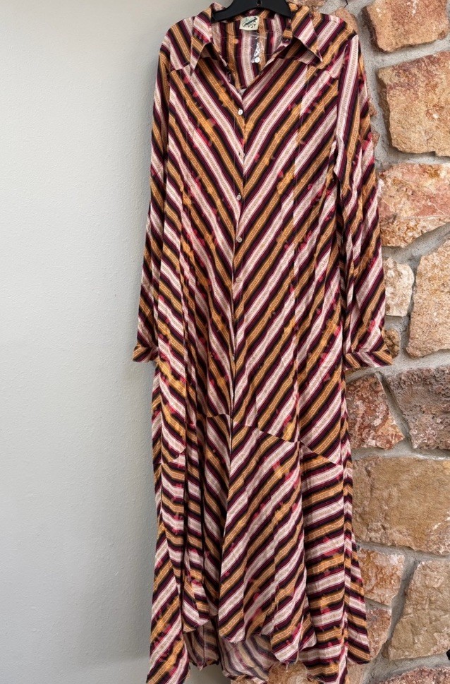 Jaded Gypsy Multicolor Striped Button Front Long Sleeve Maxi Dress L/XL