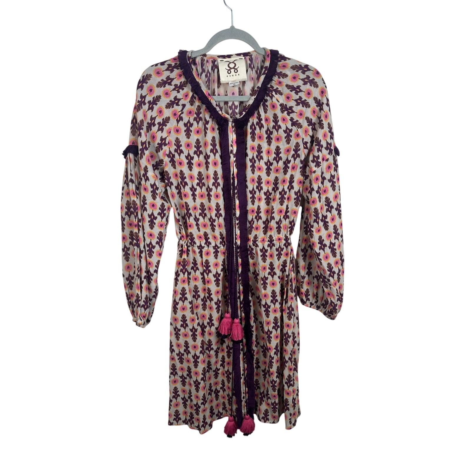 Figue Tula Ikat Mini Dress S Small Boho Tassel Fringe Balloon Sleeve Size Small