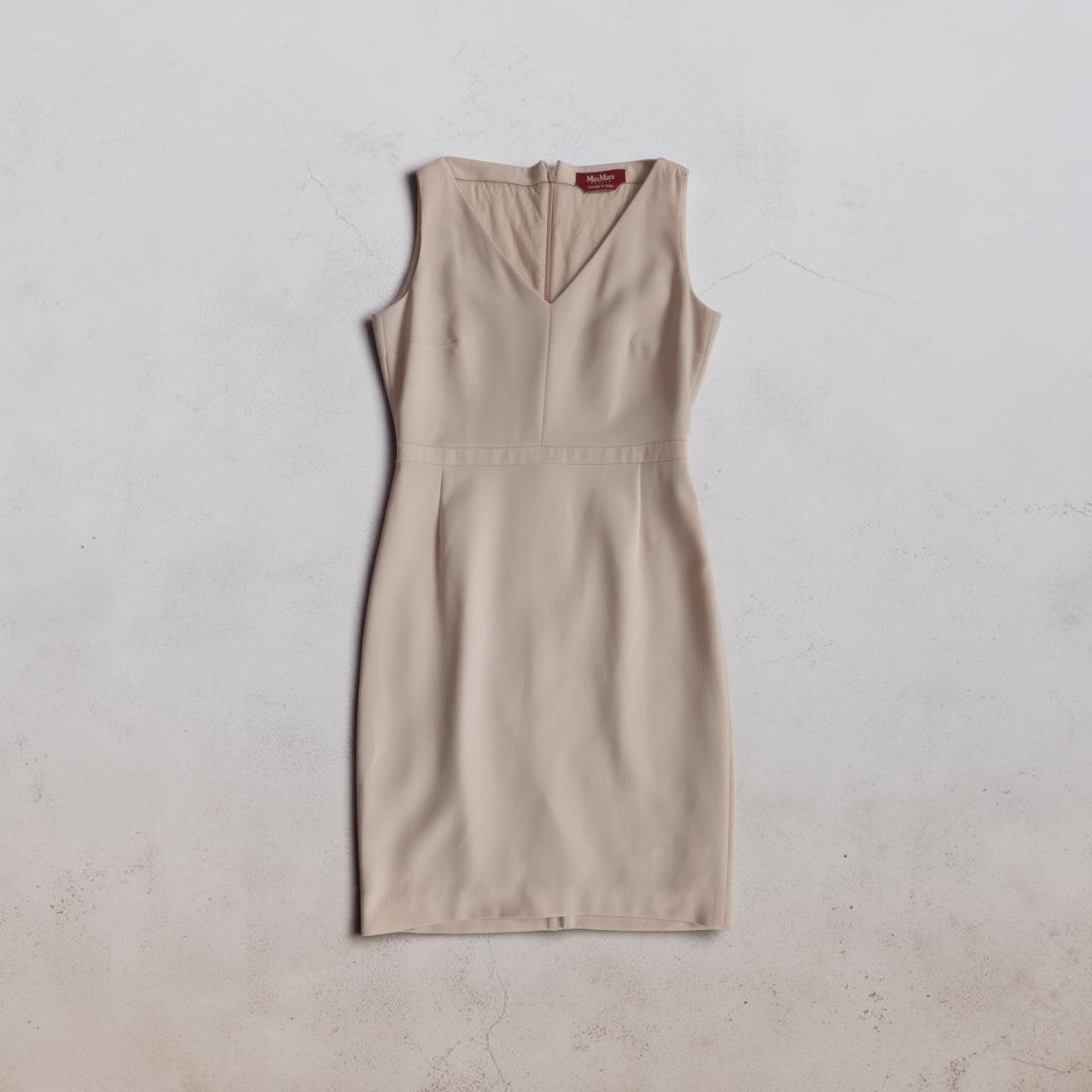 Max Mara Studio Beige Sleeveless Sheath Dress V-Neck Made in Italy Size S IT 40