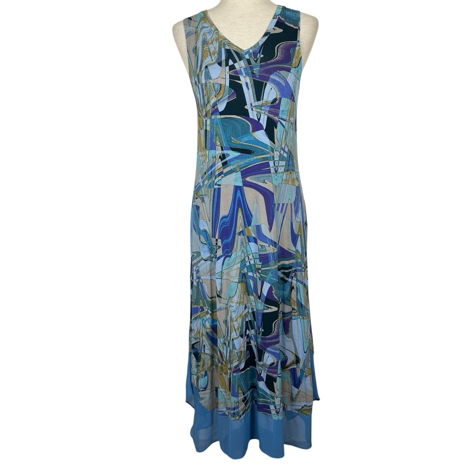 LOGO Lori Goldsein Dress Women XS Blue Abstract Tank Sleeveless Asymmetric Midi