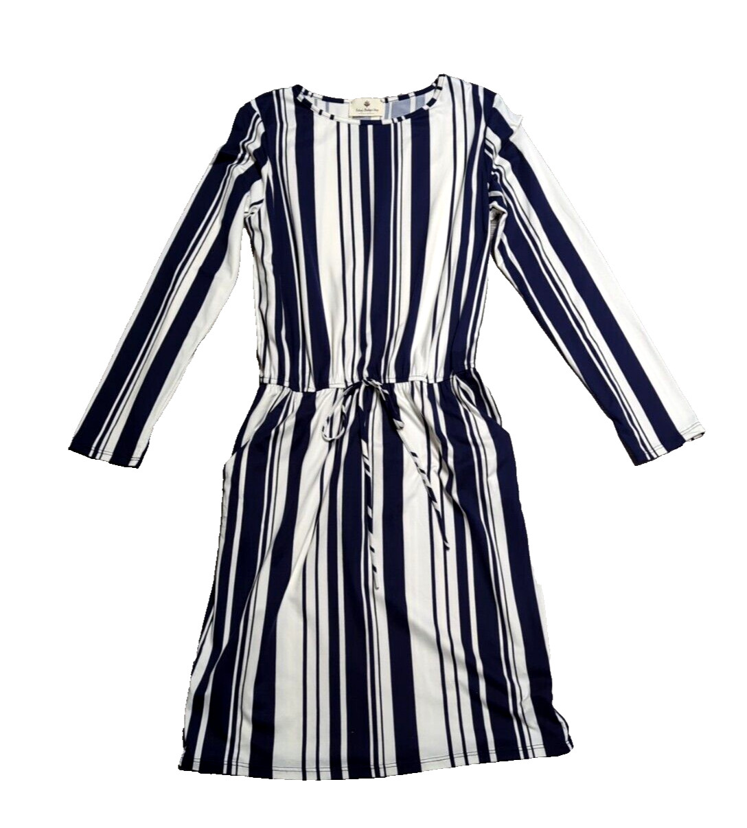 Betsys Boutique Dress Nautical Blue Stripe Long Sleeve Pockets Size M Casual
