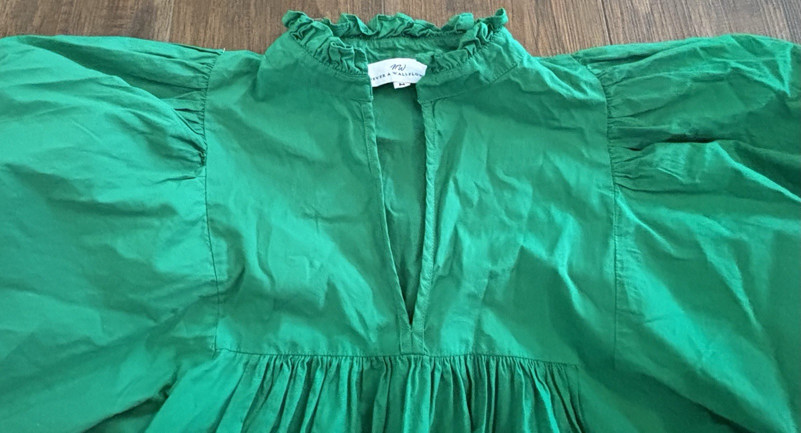 Never A Wallflower Poplin Puff Sleeve Dress High Neck Ruffle Kelly Green Medium