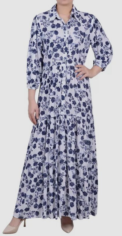 NY Collection Women’s White 3/4 Sleeve Crinkle Tiered Maxi Dress Petite Sz PM