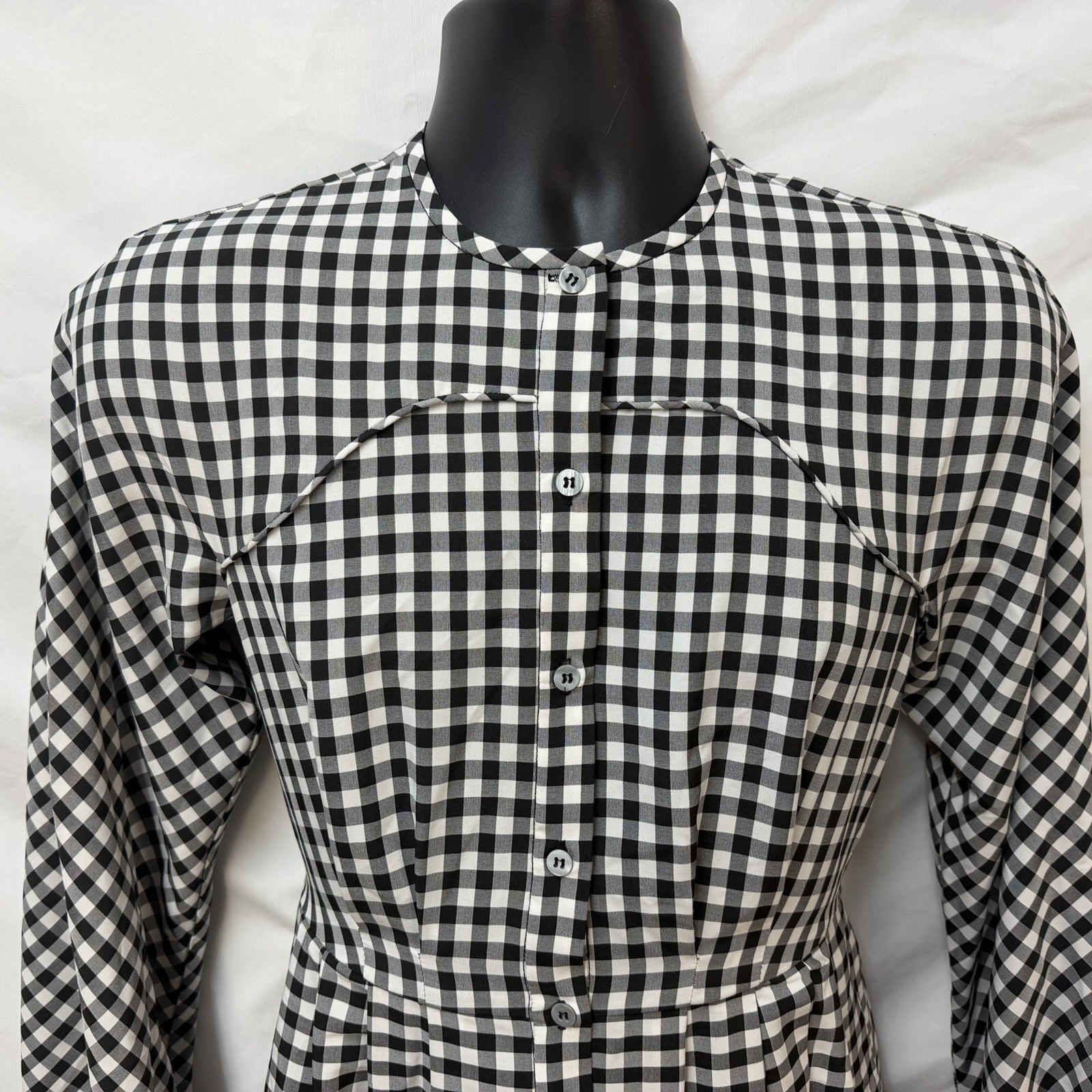 NEW PEARL BY LELA ROSE BLACK WHITE CHECK FLORAL EMBROIDERED BUTTON FRONT DRESS 0