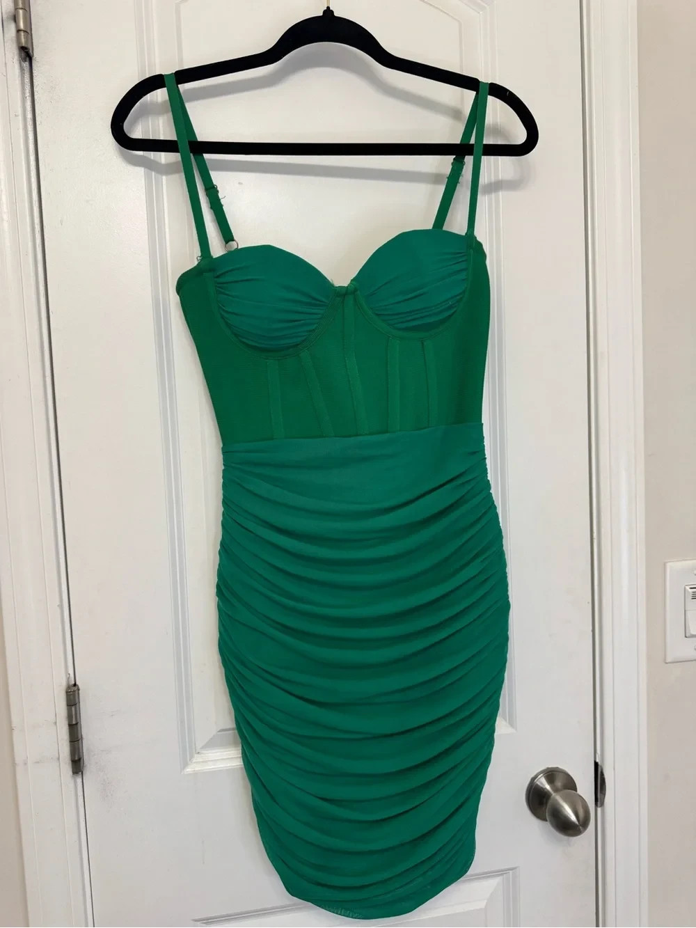 Ruched Emerald Bustier Mini Dress with Adjustable Straps