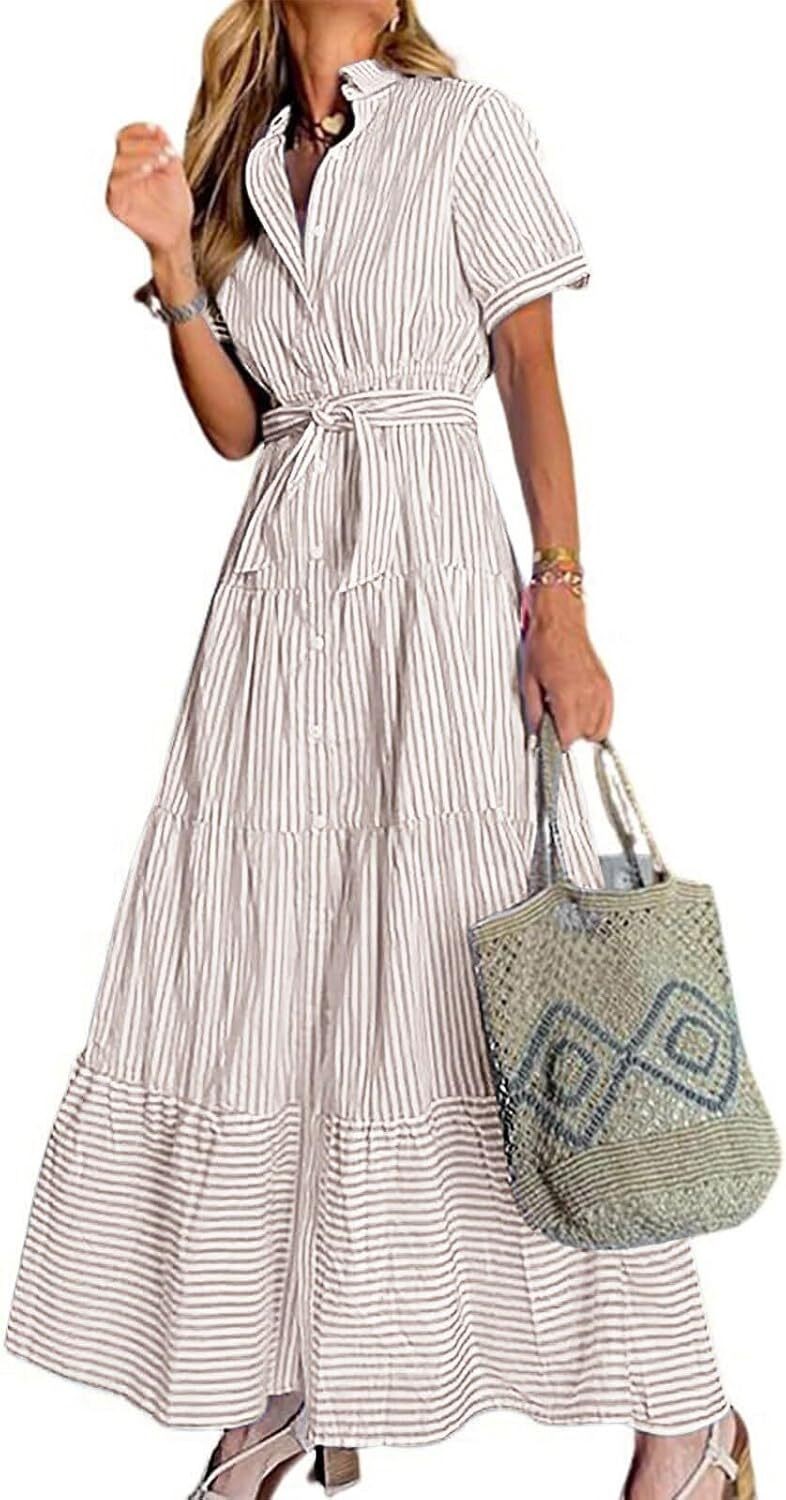 2025 Womens Short Sleeve Button Down Tie Waist Ruffled Striped Maxi Shirt Dress