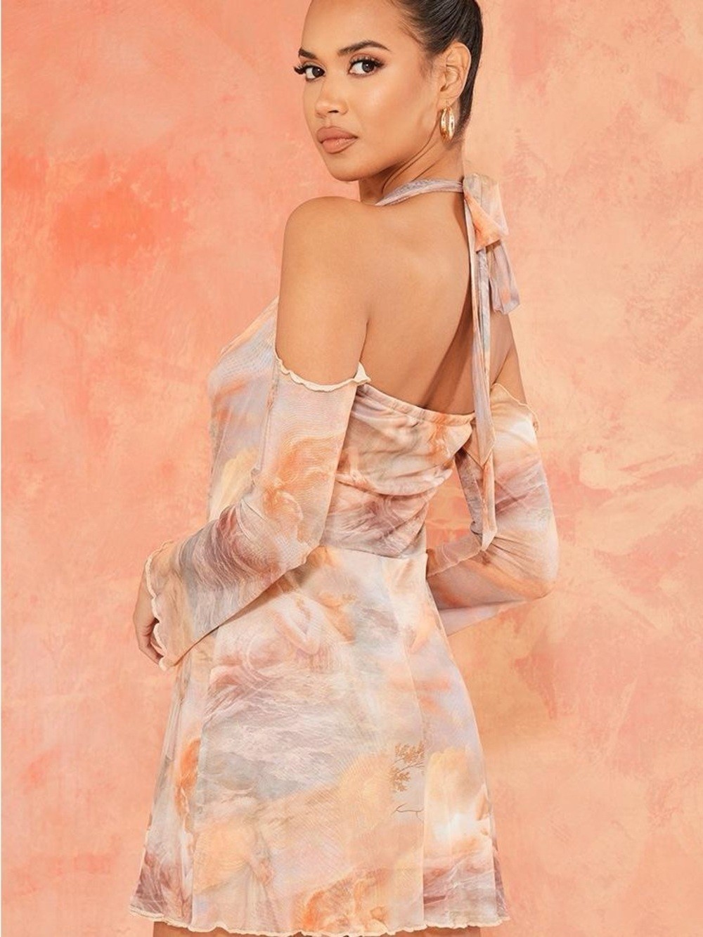 PrettyLittleThing Peach and Cream Watercolor Mini Dress