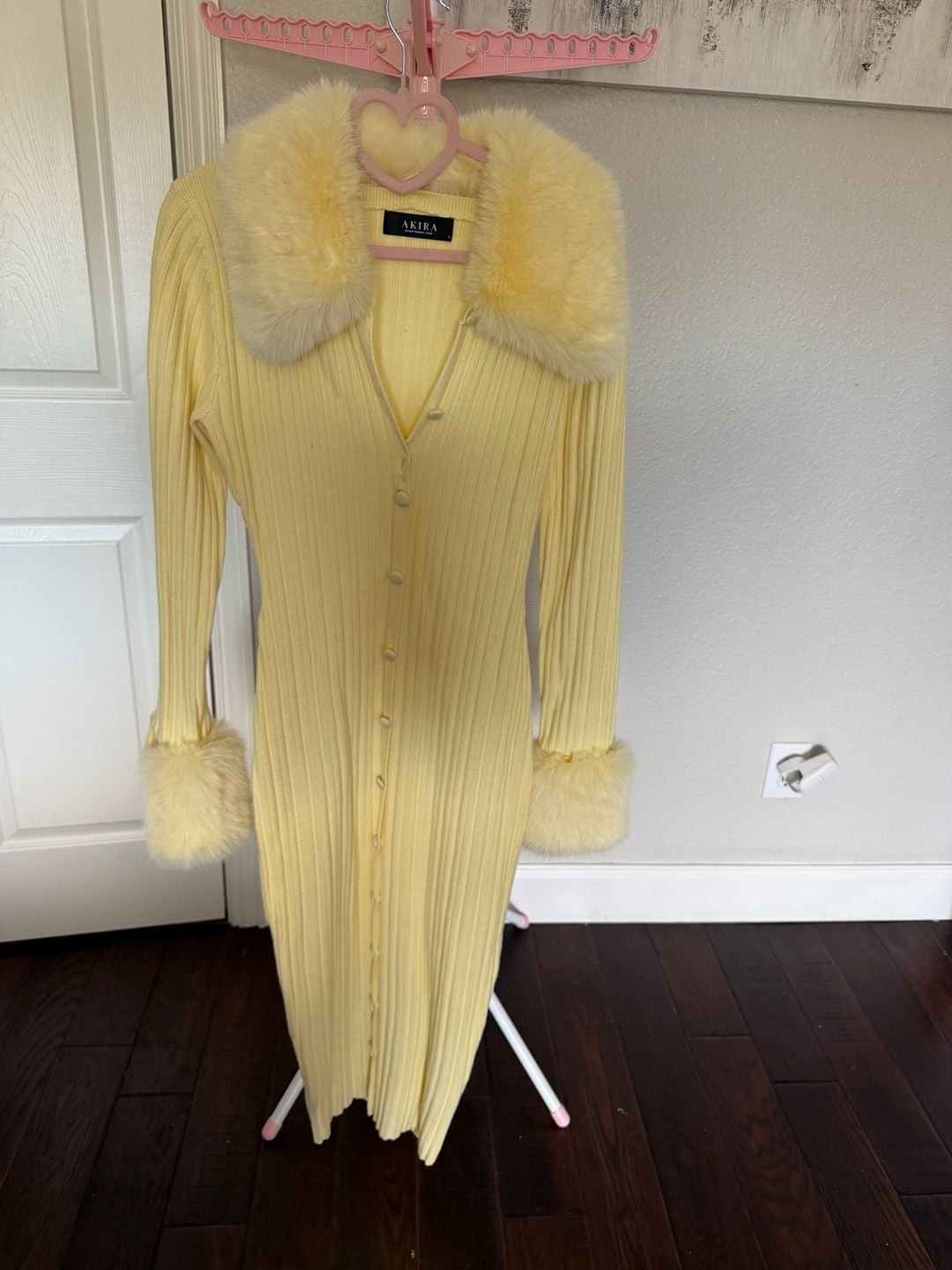 Akira Ready For Spring Rib-Knit Faux Fur Trim Button-Down Midi Dress