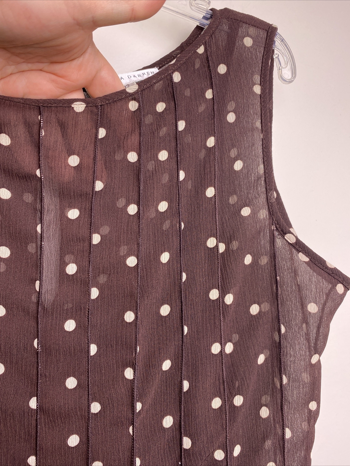 Brown White Polka Dot Sheer Lined Sleeveless Ruffle Dress Sz 12 Pretty Woman
