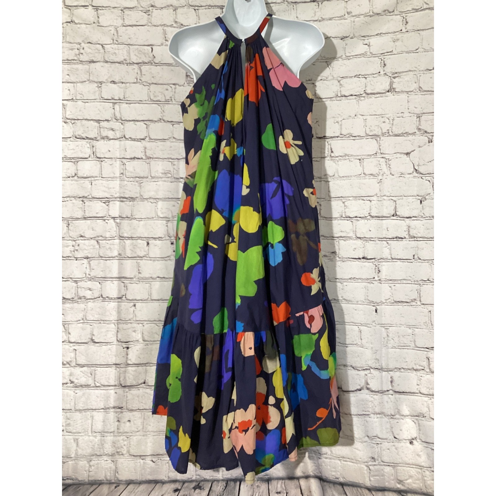 Whit Two Anthropologie Floral Halter Tiered Midi Dress Navy Blue Multi XSP