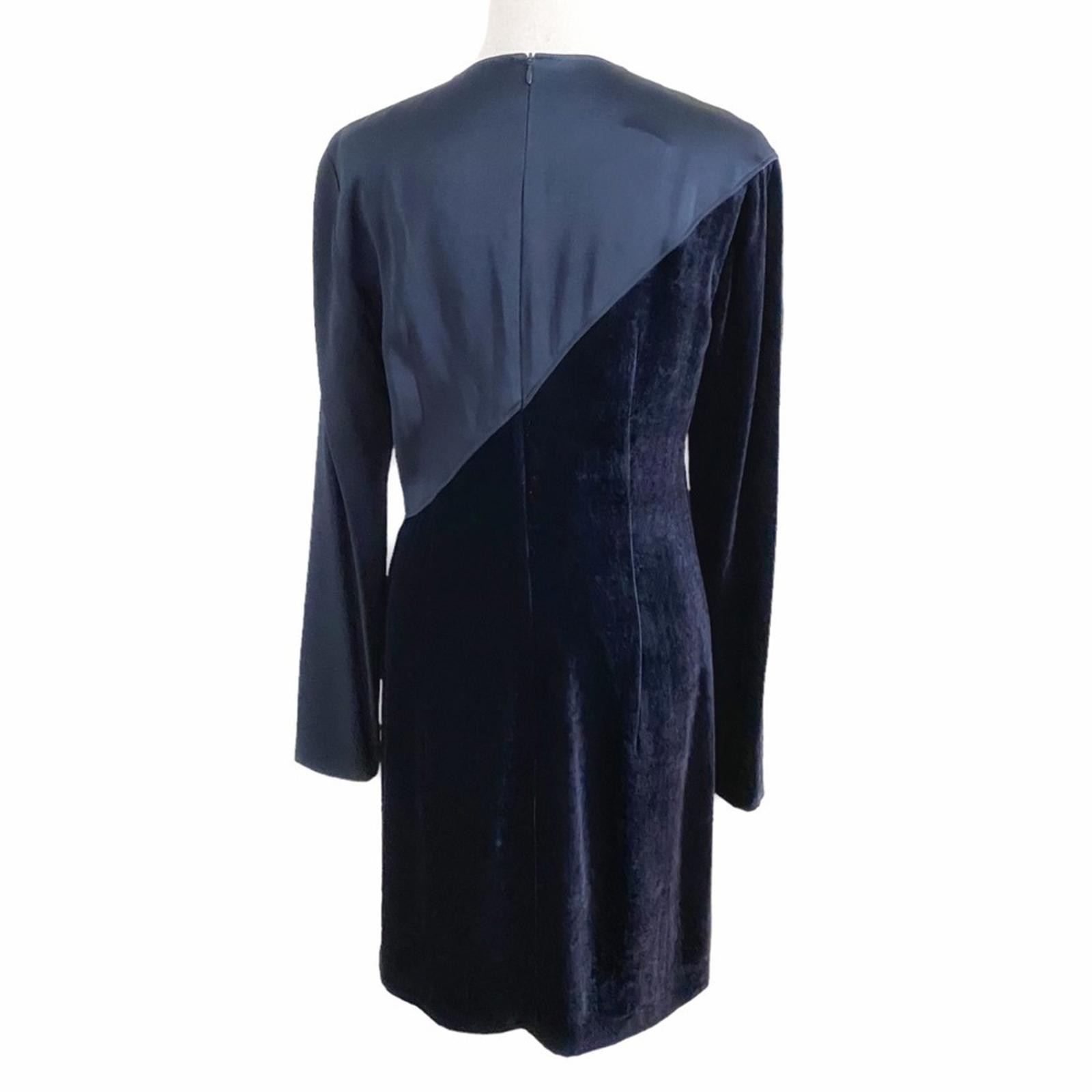 CEDRIC CHARLIER SILK BLEND NAVY SATIN VELVET COMBO LONG SLEEVE A-LINE DRESS – 8