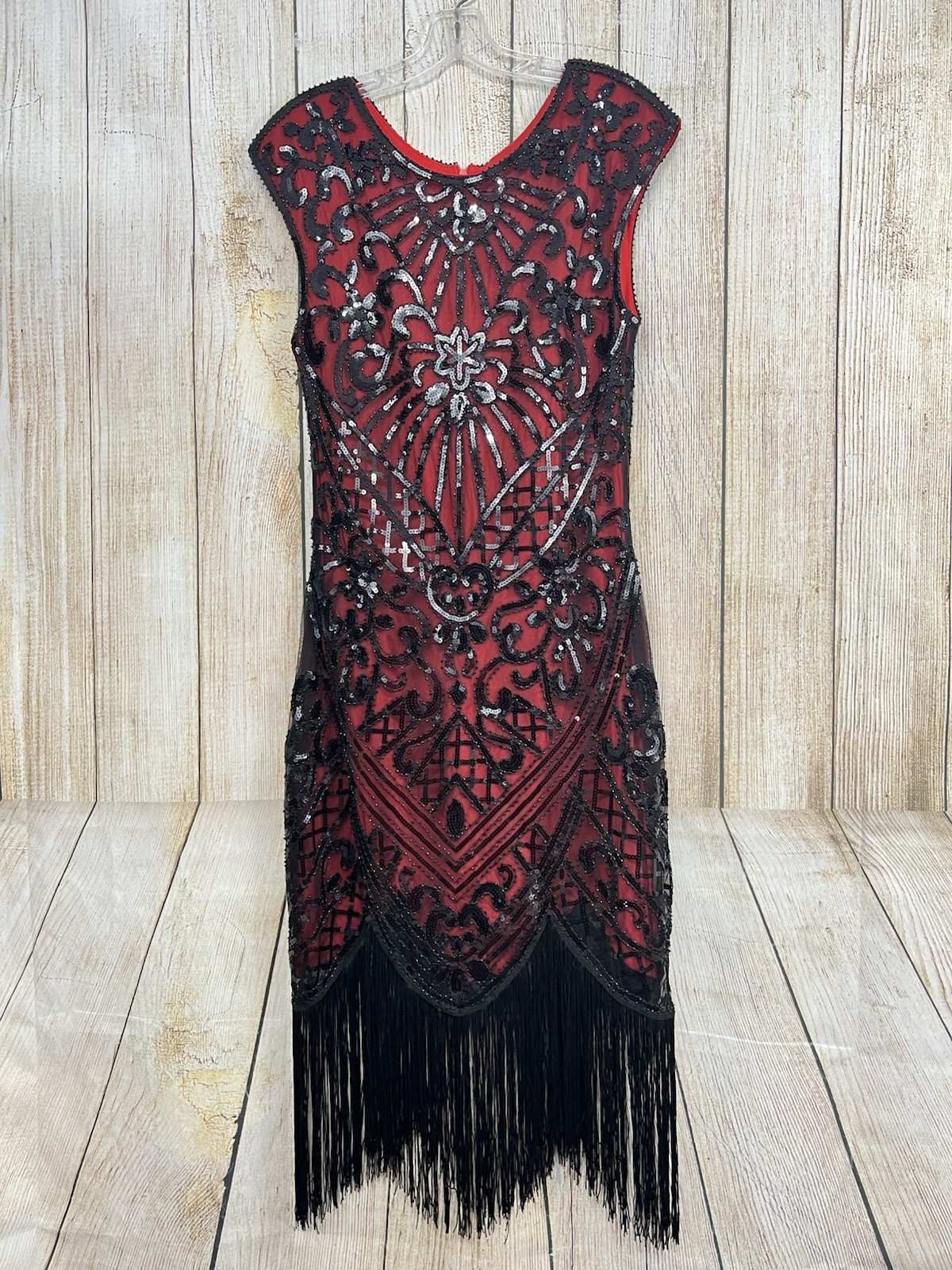 Flapper Dress Roaring 20s M Red Black Beaded Sequin Fringe Gatsby Art Deco Party