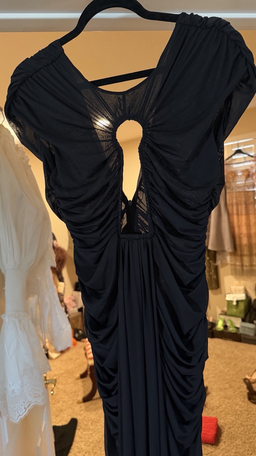 Women’s Black Ruched Mesh Cutout Maxi Dress Sheer Bodycon Evening Gown