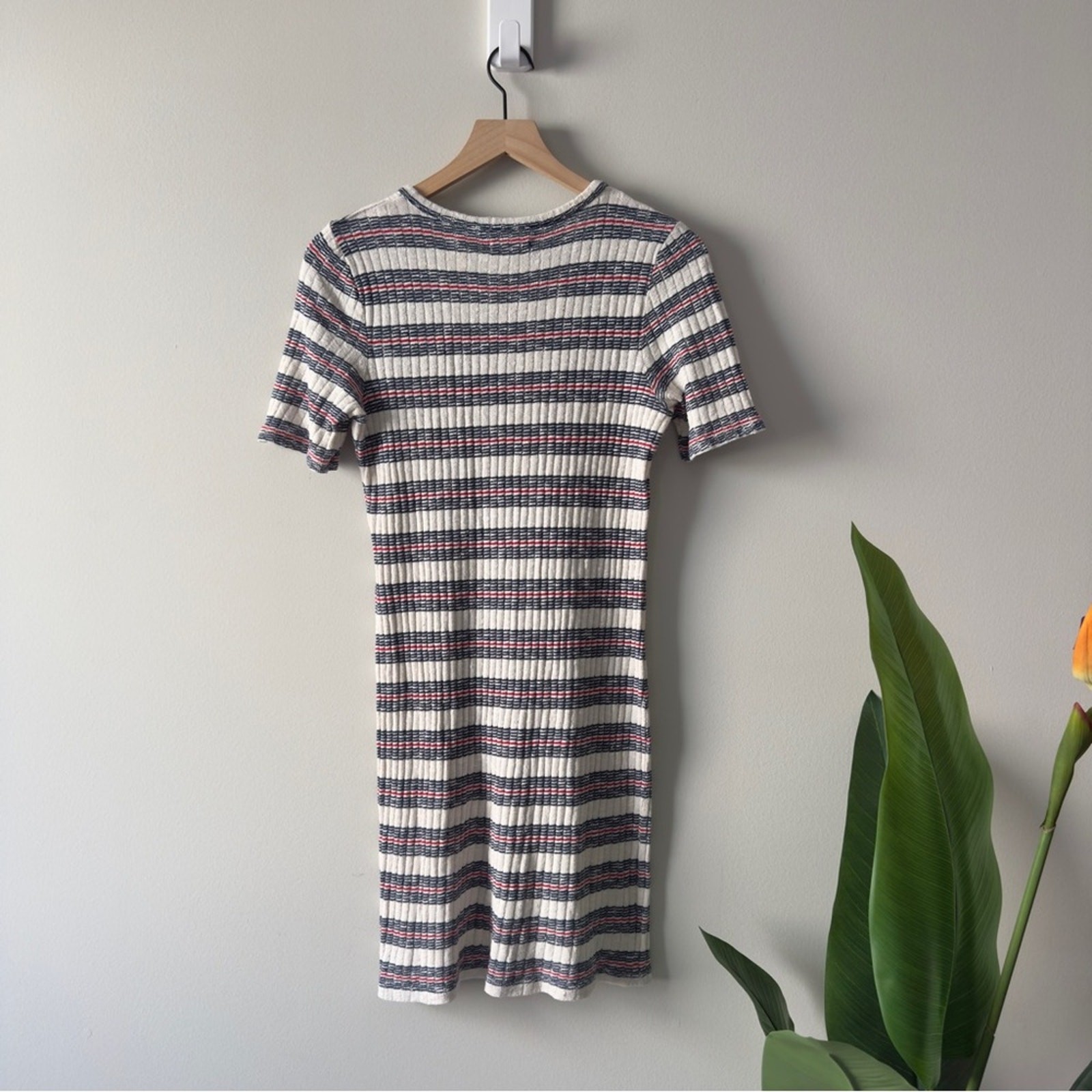 Madewell Ribbed Striped Knit Dress Short Sleeve Bodycon crew neck preppy buttons