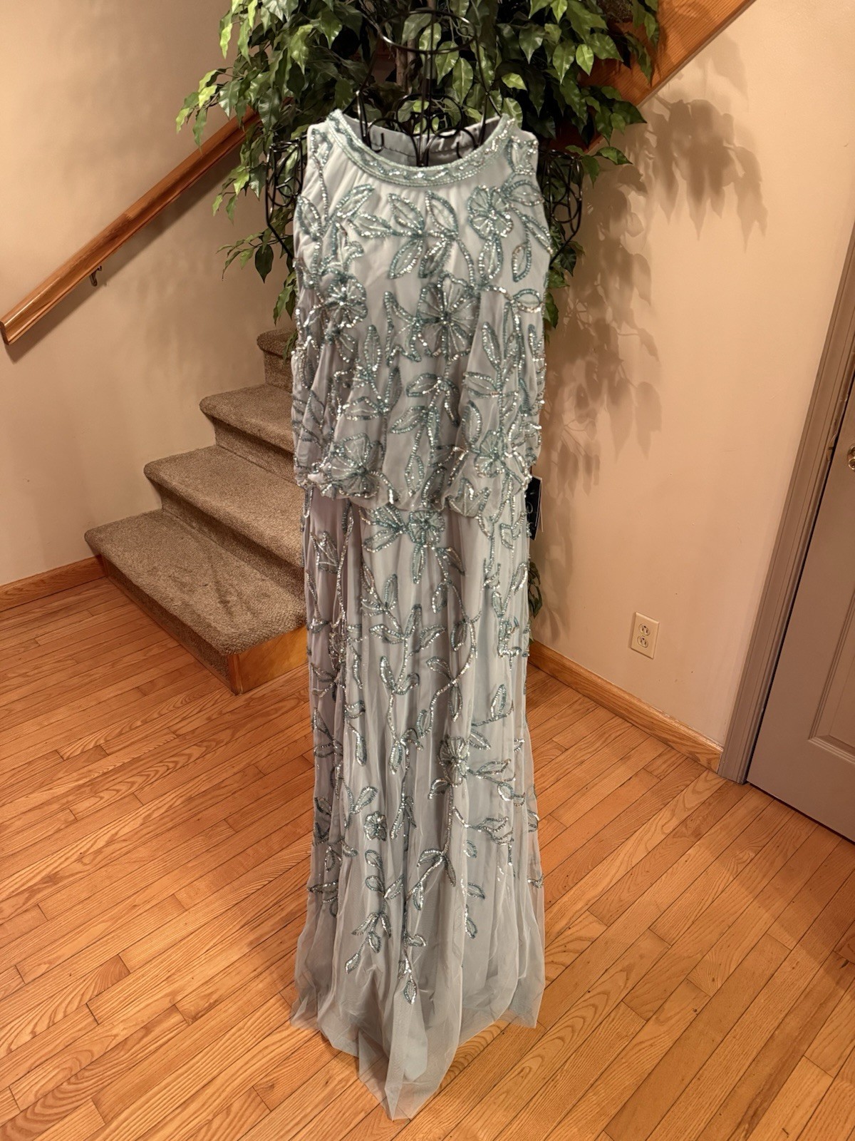 Adrianna Papell Blouson Beaded Long Mermaid Gown Size 14 Aquadust NWT $199